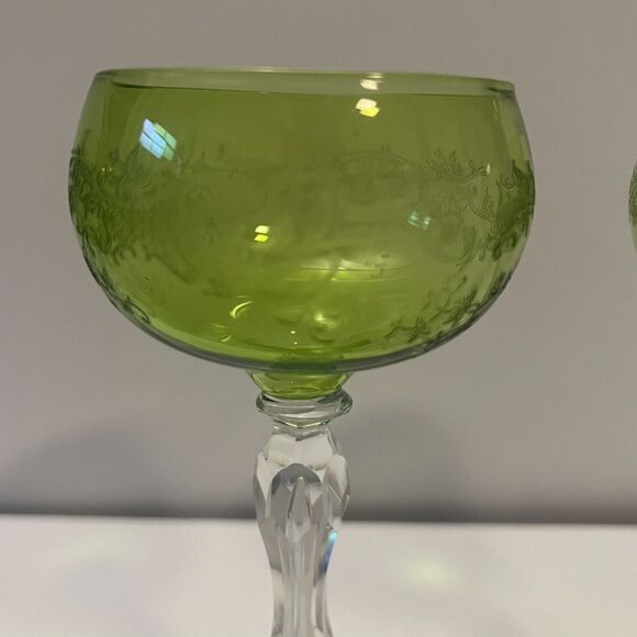 Antique Villeroy & Boch Hock Wine Glass Floral Scrollwork Green Clear Cut Stem - Picture 2 of 15